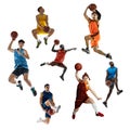 Sport collage about multi ethnic sportsmen, basketball players playing with balls isolated on white background with copy Royalty Free Stock Photo