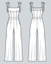 Jumpsuit technical fashion Illustration. Wide Leg Jumpsuit fashion flat technical drawing template, straps, back zipper