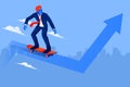 Business man with skateboard, skateboarding on arrow and grow chart up increase profit sales and investment. Business return on in Royalty Free Stock Photo