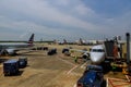 Front view of landed airplane in a terminal of Airplane from American Airlines AA on the tarmac at the International Airport