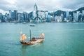 14 Jun 2021, Hong Kong: the famous iconic view of Traditional Chinese Sailing boat in the Modern Cityscape, Victoria Harbour, Hong Royalty Free Stock Photo