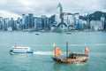 14 Jun 2021, Hong Kong: the famous iconic view of Traditional Chinese Sailing boat in the Modern Cityscape, Victoria Harbour, Hong Royalty Free Stock Photo