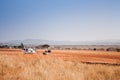 Light single engine Cessna plane running on airstrip in Serengeti Grumeti Reserve - Tanzania