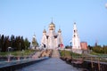 11 Jun 2013 Russia, KHMAO-YUGRA, Khanty-Mansiysk Alley of Slavic literature, Church of the Resurrection bell tower and chapel.