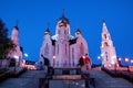 11 Jun 2013 Russia, KHMAO-YUGRA, Khanty-Mansiysk Alley of Slavic literature, Church of the Resurrection bell tower and chapel.