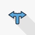 Junction, Separation, two paths, ways thin line flat color icon. Linear vector symbol. Colorful long shadow design.