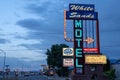 JUNE 30 2018 - ALAMOGORDO, NEW MEXICO: Retro style White Sands Motel lit up at dusk blue hour