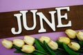 June alphabet letter and tulip flower with space copy on purple background