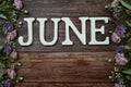 June alphabet letters with flower decoration on wooden background