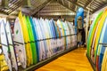 June 12, 2021. Bali, Indonesia. Surf shop with new surfboards in Kuta