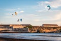 June 16, 2023 Balneario, Tarifa, Spain Big air jumping kitesurfing kitesurf kiteloop jump GKA Kite World Tour location sunset