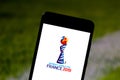 June 3, 2019, Brazil. In this photo illustration the 2019 FIFA Women`s World Cup logo is displayed on a smartphone