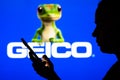 June 28, 2022, Brazil. In this photo illustration, the Government Employees Insurance Company GEICO logo is seen in the Royalty Free Stock Photo