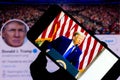 June 5, 2020, Brazil. In this photo illustration speech by Donald Trump, President of the United States, on the smartphone. In the Royalty Free Stock Photo