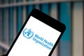 June 1, 2019, Brazil. In this photo illustration the World Health Organization WHO logo is displayed on a smartphone Royalty Free Stock Photo