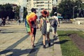 08 June 2019 Bulgaria Attractive couple with rainbow flag during the Sofia Pride parade