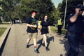 08 June 2019 Bulgaria Two people walking on Sofia Pride parade