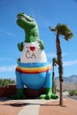 June 6 2021 - CABAZON, CALIFORNIA USA: A t-rex statue looks up into the sky at the Cabazon Dinosaurs museum, a roadside