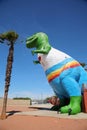 June 6 2021 - CABAZON, CALIFORNIA USA: A t-rex statue looks up into the sky at the Cabazon Dinosaurs museum, a roadside