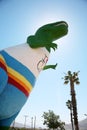 June 6 2021 - CABAZON, CALIFORNIA USA: A t-rex statue looks up into the sky at the Cabazon Dinosaurs museum, a roadside