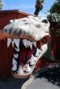 June 6 2021 - CABAZON, CALIFORNIA USA: A t-rex statue with open mouth and teeth at the Cabazon Dinosaurs museum, a roadside