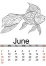 June calendar 2019. Antistress coloring gold fish, sea animal, patterns. Vector