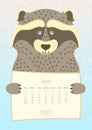 2023 june calendar, cute raccoon animal holding a monthly calendar sheet, hand