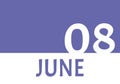 8 june calendar date with copy space. Very Peri background and white numbers. Trending color for 2022