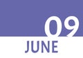 9 june calendar date with copy space. Very Peri background and white numbers. Trending color for 2022