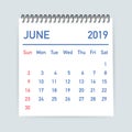 June 2019 Calendar Leaf. Calendar 2019 in flat style. A5 size. Vector illustration. Royalty Free Stock Photo