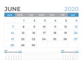 June 2020 Calendar template, Desk calendar layout Size 8 x 6 inch, planner design, week starts on sunday, stationery design
