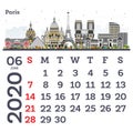 June 2020 Calendar Template with Paris City Skyline Royalty Free Stock Photo