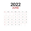 June 2022 calendar and week starts on sunday Royalty Free Stock Photo