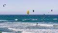 June 6, 2019 Davenport / CA / USA - People kite surfing in the Pacific Ocean, near Santa Cruz, on a sunny and warm day