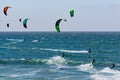 June 6, 2019 Davenport / CA / USA - People kite surfing in the Pacific Ocean, near Santa Cruz, on a sunny and warm day