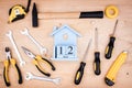 June 12 - Father`s Day. Male concept. Repair tools - hammer, screwdrivers, adjustable wrenches, pliers. Sheet of white paper Royalty Free Stock Photo