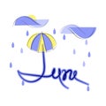 June, flat illustration on white background. Rainy day, clouds, raindrops and umbrella. Sun peeps out of clouds.