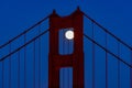 Full moon seen through the north tower of the San Francisco Golden Gate Bridge in June of 2022 Royalty Free Stock Photo