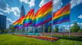 Renaissance Center in the foreground Rainbow Flags in Observance of Gay Pride month in Downtown Detroit, Michigan, United States