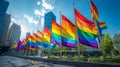 Renaissance Center in the foreground Rainbow Flags in Observance of Gay Pride month in Downtown Detroit, Michigan, United States