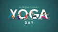 21 June International Yoga Day banner or poster with diversified women doing yoga poses on greensward.