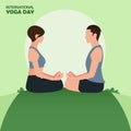 21 June International yoga day banner or poster with young couples sit facing each other in meditation or lotus yoga pose.