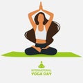 21 June International yoga day banner or poster with young long hair woman sitting in meditation pose, lotus pose or padmasana.