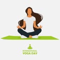 21 June International yoga day banner or poster with young long hair woman sitting in meditation pose, lotus pose or padmasana.