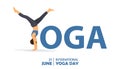 21 June International yoga day banner or poster with Young shirt hair woman in handstand pose combined with word YOGA.