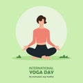 21 June International yoga day banner or poster with young short hair woman sitting in meditation pose or lotus yoga pose.