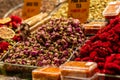 June 18, 2019 - Istanbul, Turkey - Cinnamon sticks and many kinds of tea found in one of the many stalls of the Grand Bazaar Royalty Free Stock Photo