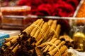 June 18, 2019 - Istanbul, Turkey - Cinnamon sticks and many kinds of tea found in one of the many stalls of the Grand Bazaar Royalty Free Stock Photo