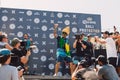 June 3, 2018. Keramas, Bali, Indonesia. Award ceremony of competition WSL Corona Bali Protected. Winner brazilian surfer Italo Fer
