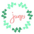 June lettering print text, green flora circle frame. Summer minimalistic illustration. Isolated calligraphy phrase on white. Love